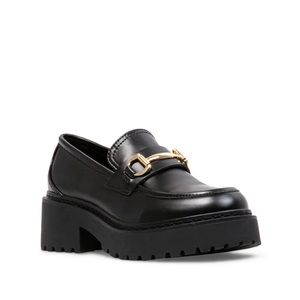 Steve Madden Black Leather Chunky Loafers with Gold Bit